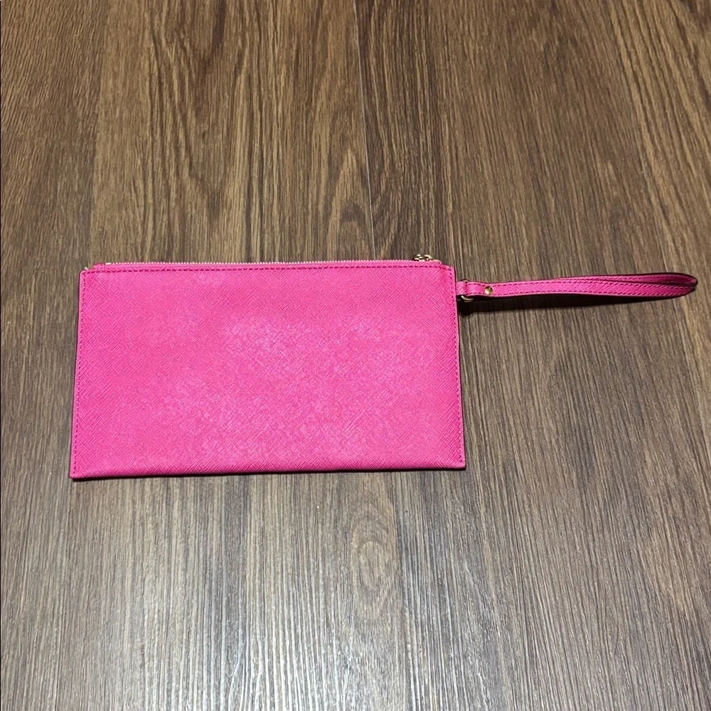 Michael Kors Fuchsia Studded Wristlet Clutch Gold Studs Pink Leather